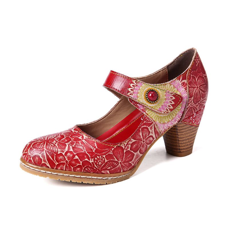 Zapatos De Tacón Grueso Con Correa En El Tobillo Con Lazo De Gancho Floral En Relieve De Cuero Retro