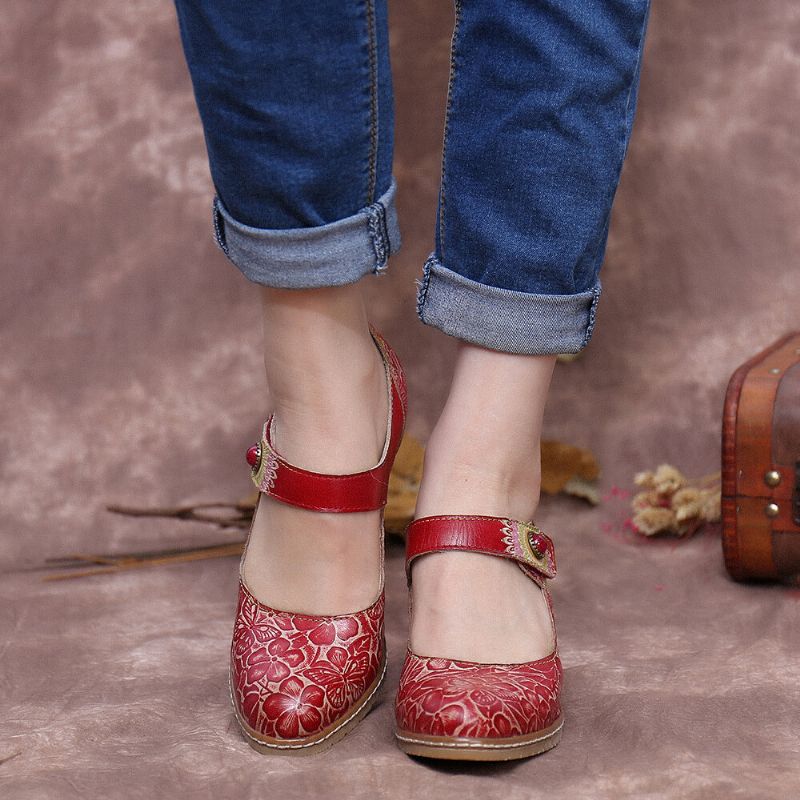 Zapatos De Tacón Grueso Con Correa En El Tobillo Con Lazo De Gancho Floral En Relieve De Cuero Retro