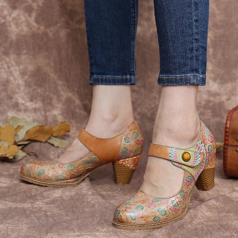 Zapatos De Tacón Grueso Con Correa En El Tobillo Con Lazo De Gancho Floral En Relieve De Cuero Retro