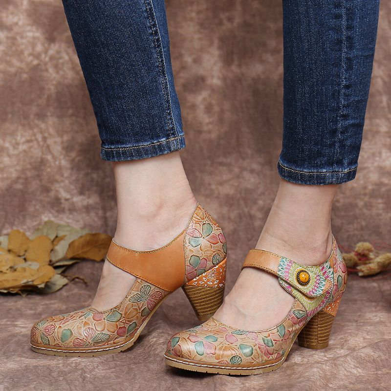 Zapatos De Tacón Grueso Con Correa En El Tobillo Con Lazo De Gancho Floral En Relieve De Cuero Retro