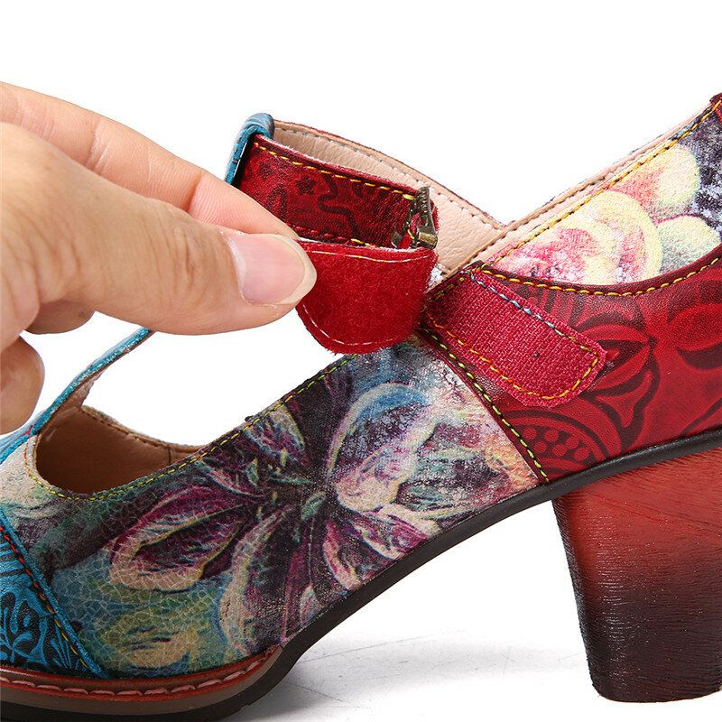 Zapatos De Tacón Grueso Con Correa En T De Hojas En Relieve De Flores De Cuero Genuino Retro