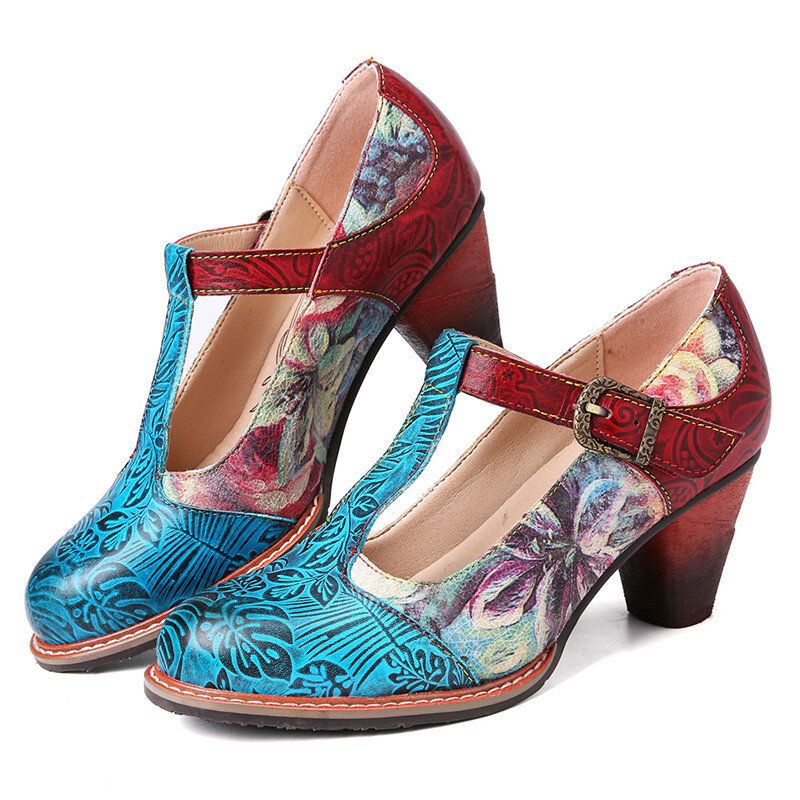 Zapatos De Tacón Grueso Con Correa En T De Hojas En Relieve De Flores De Cuero Genuino Retro