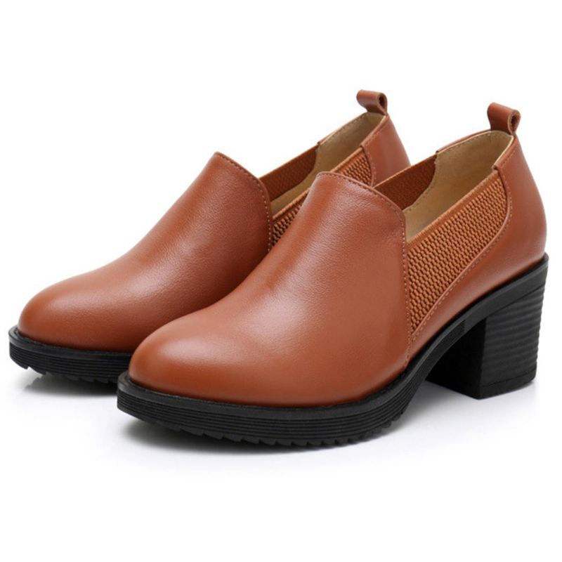 Zapatos De Tacón Grueso De Cuero Genuino Con Costura Informal Para Mujer