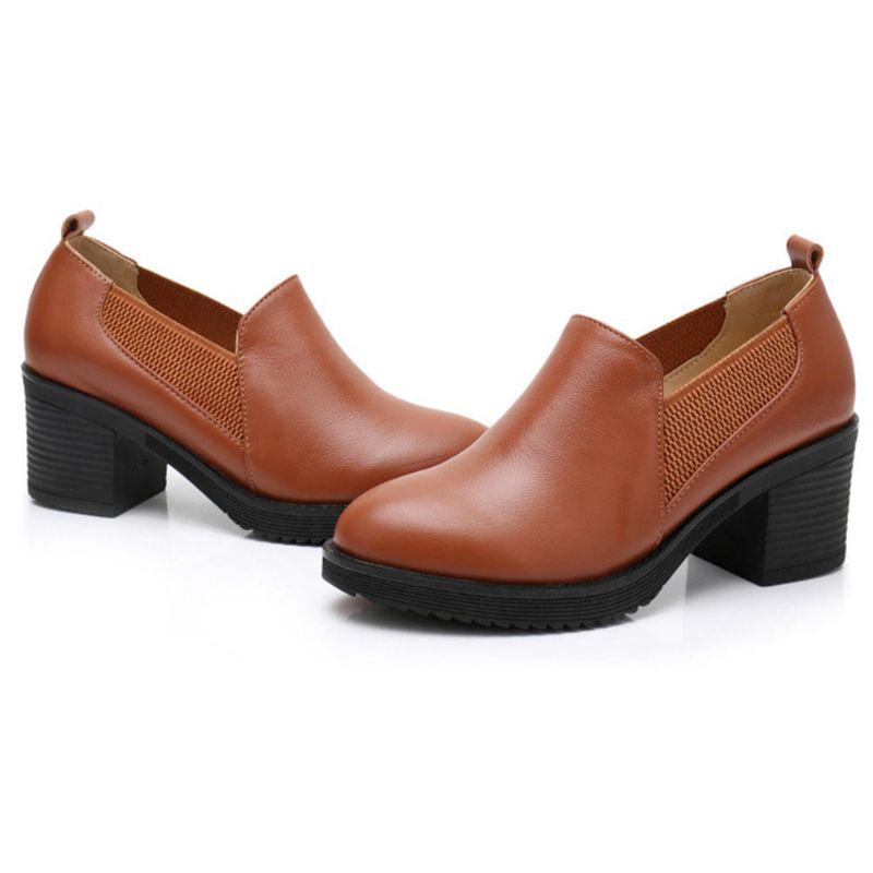 Zapatos De Tacón Grueso De Cuero Genuino Con Costura Informal Para Mujer