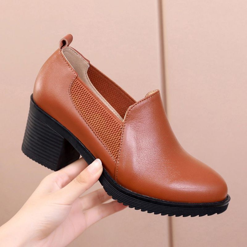 Zapatos De Tacón Grueso De Cuero Genuino Con Costura Informal Para Mujer