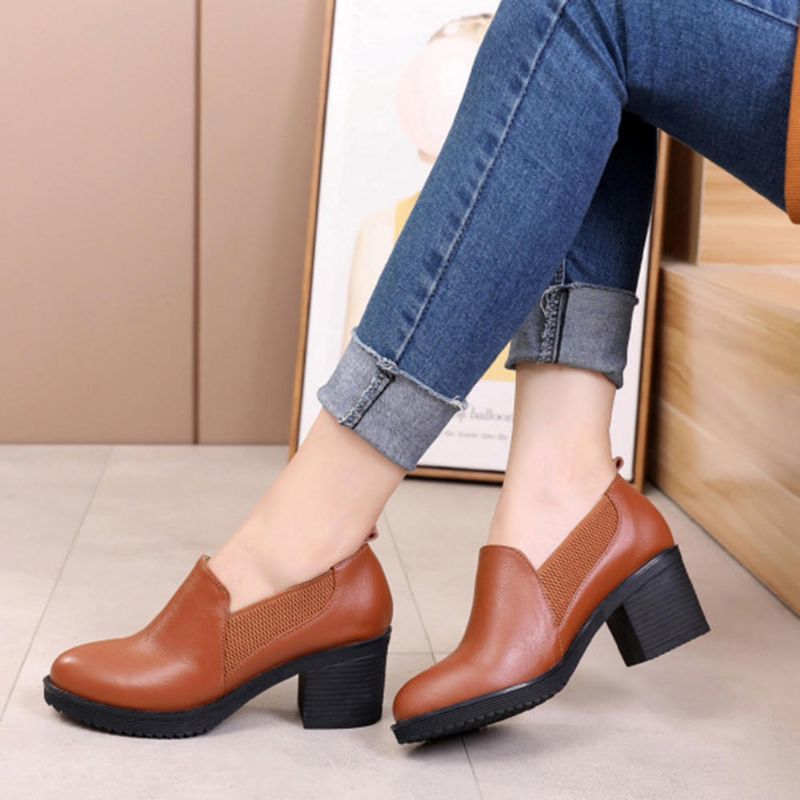 Zapatos De Tacón Grueso De Cuero Genuino Con Costura Informal Para Mujer