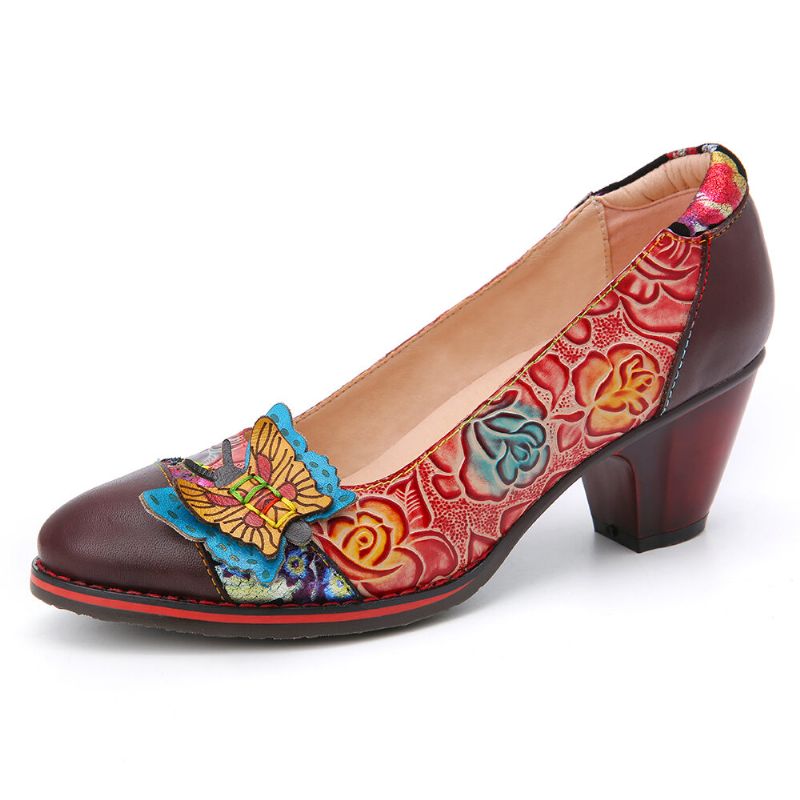 Zapatos De Tacón Grueso Sin Cordones Con Costura De Empalme De Cuero Floral En Relieve De Mariposa Vintage