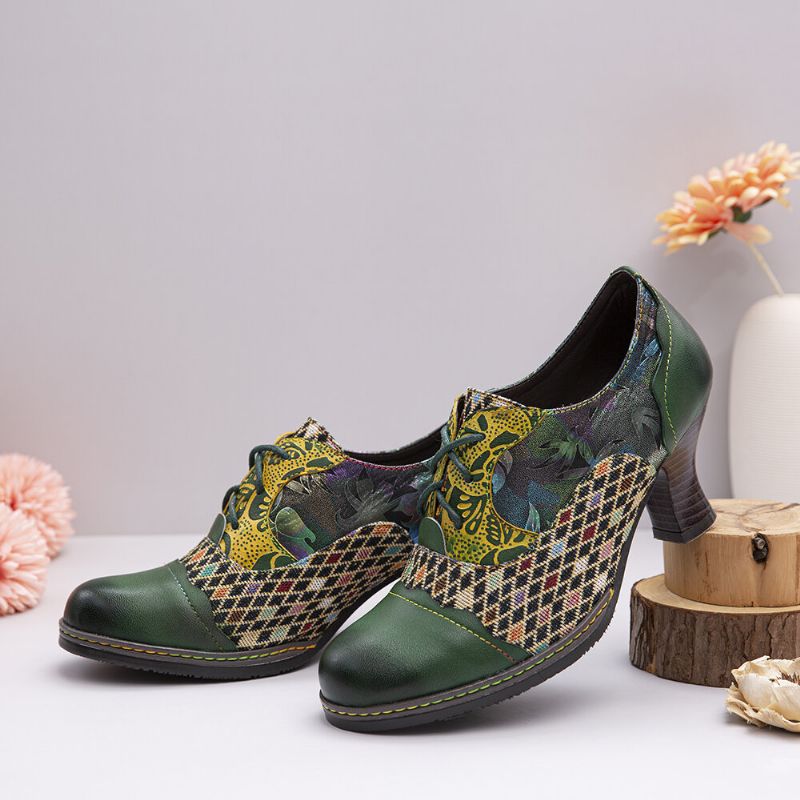 Zapatos De Tacón Grueso Verdes Con Cordones De Empalme De Cuadros Florales De Cuero Vintage