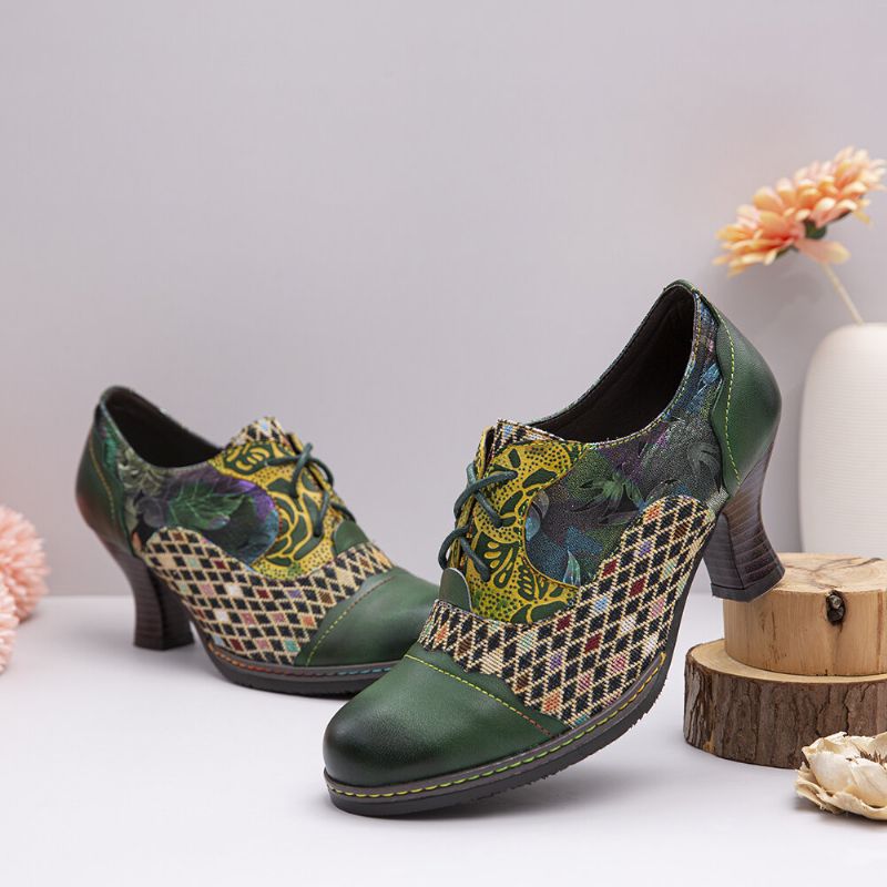 Zapatos De Tacón Grueso Verdes Con Cordones De Empalme De Cuadros Florales De Cuero Vintage