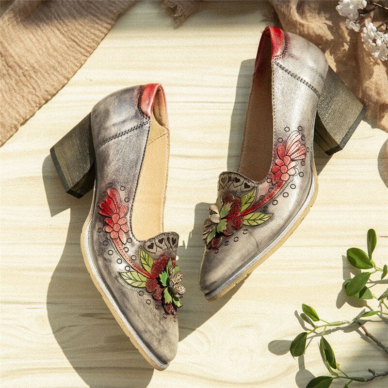 Zapatos De Vestir De Bombas De Tacón De Bloque De Cuero Floral Con Empalme Retro