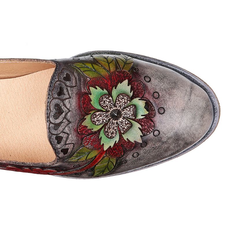 Zapatos De Vestir De Bombas De Tacón De Bloque De Cuero Floral Con Empalme Retro