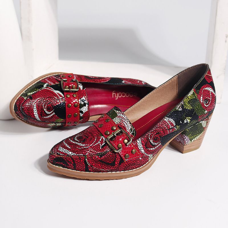 Zapatos De Vestir Casuales Elegantes Cómodos Con Estampado De Rosas De Flor De Cuero Genuino