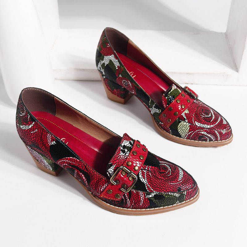 Zapatos De Vestir Casuales Elegantes Cómodos Con Estampado De Rosas De Flor De Cuero Genuino