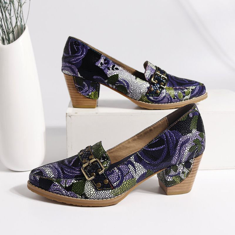 Zapatos De Vestir Casuales Elegantes Cómodos Con Estampado De Rosas De Flor De Cuero Genuino