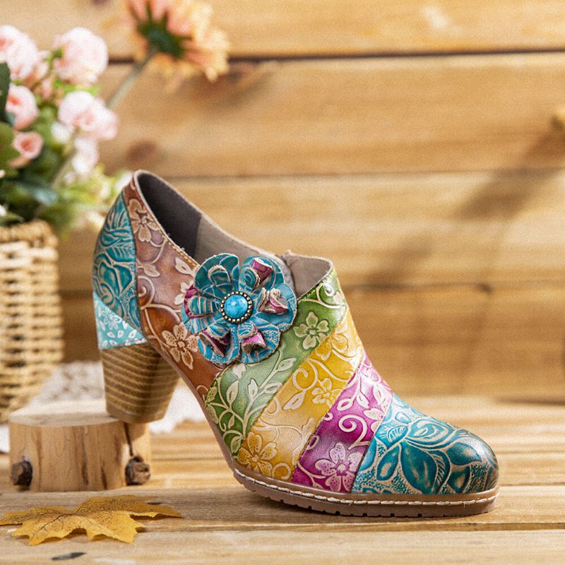 Zapatos De Vestir De Tacón Grueso Con Cremallera De Empalme De Cuero Floral Retro