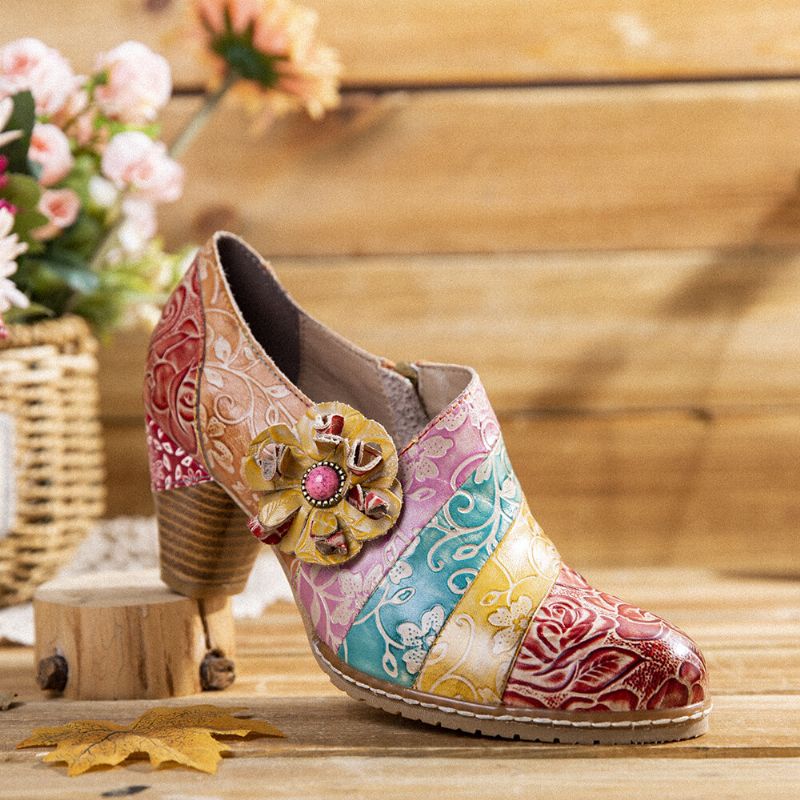 Zapatos De Vestir De Tacón Grueso Con Cremallera De Empalme De Cuero Floral Retro