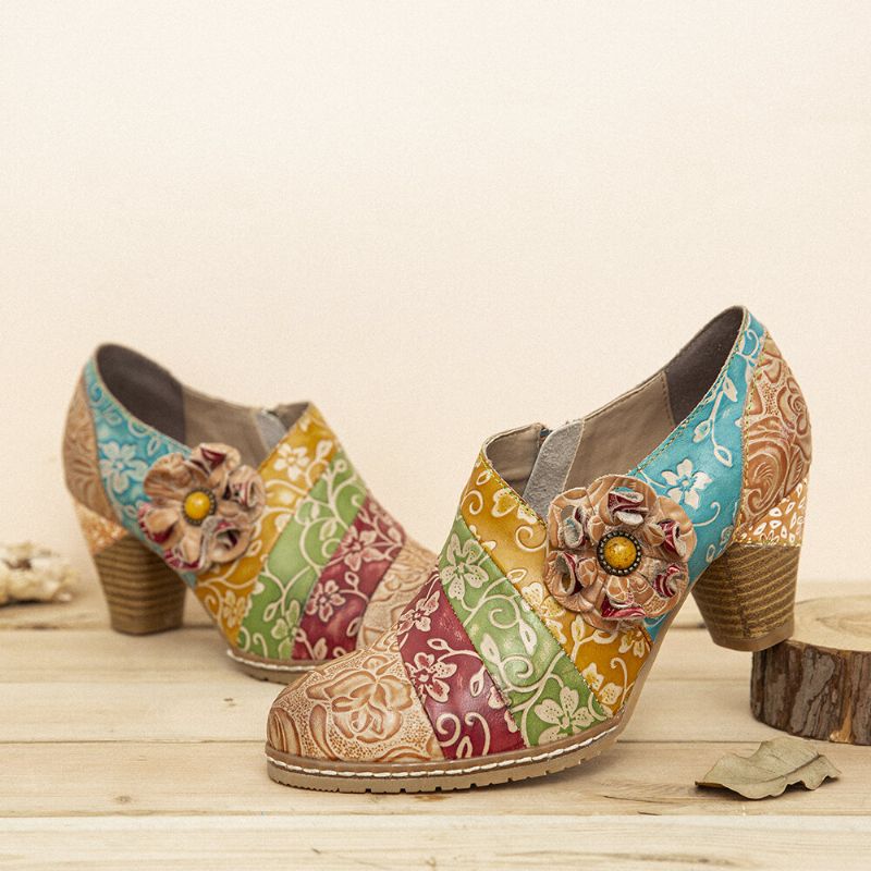 Zapatos De Vestir De Tacón Grueso Con Cremallera De Empalme De Cuero Floral Retro