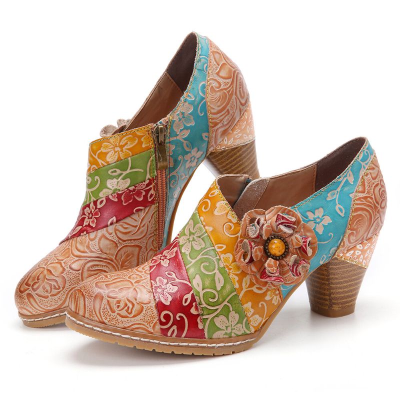 Zapatos De Vestir De Tacón Grueso Con Cremallera De Empalme De Cuero Floral Retro