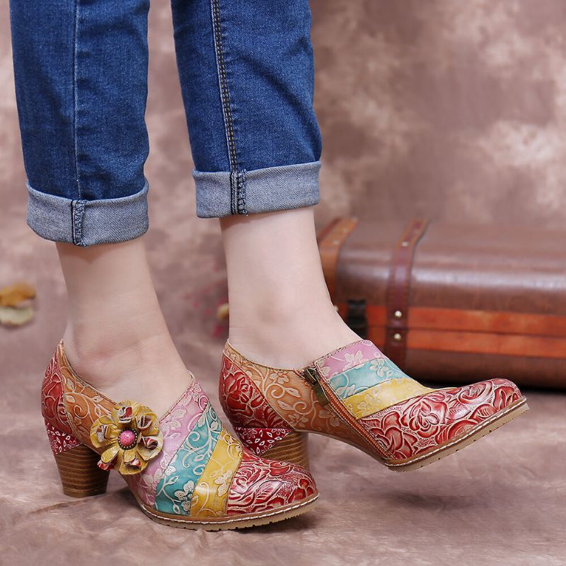 Zapatos De Vestir De Tacón Grueso Con Cremallera De Empalme De Cuero Floral Retro