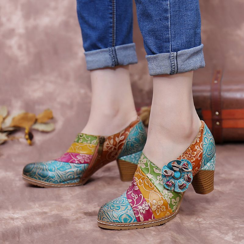 Zapatos De Vestir De Tacón Grueso Con Cremallera De Empalme De Cuero Floral Retro