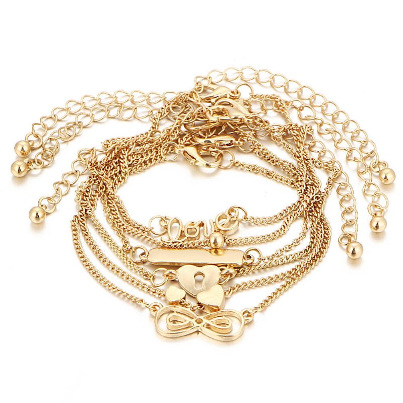 6 Piezas Set Trendy Heart Shape Lucky Chain Love Gold Color Tobillera Joyas Para Mujer