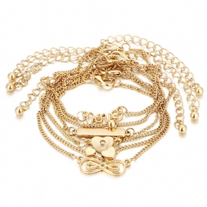 6 Piezas Set Trendy Heart Shape Lucky Chain Love Gold Color Tobillera Joyas Para Mujer