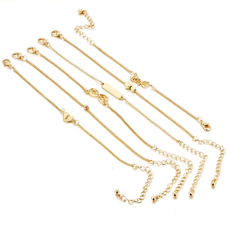 6 Piezas Set Trendy Heart Shape Lucky Chain Love Gold Color Tobillera Joyas Para Mujer