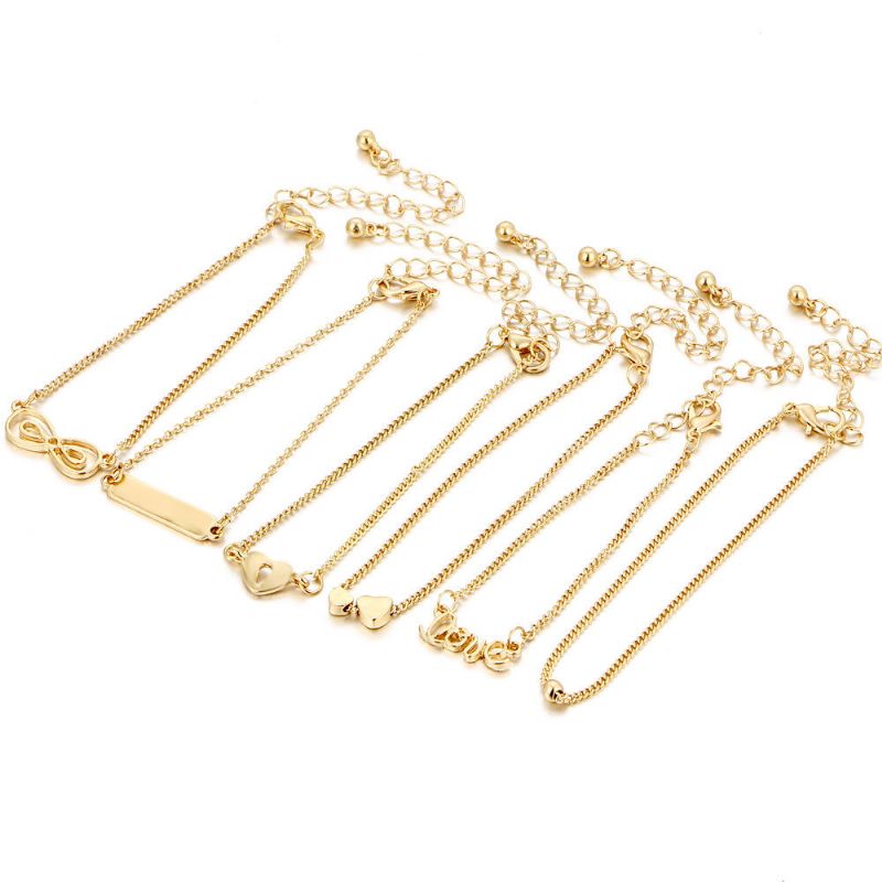 6 Piezas Set Trendy Heart Shape Lucky Chain Love Gold Color Tobillera Joyas Para Mujer