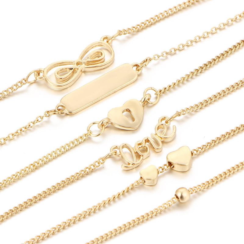 6 Piezas Set Trendy Heart Shape Lucky Chain Love Gold Color Tobillera Joyas Para Mujer