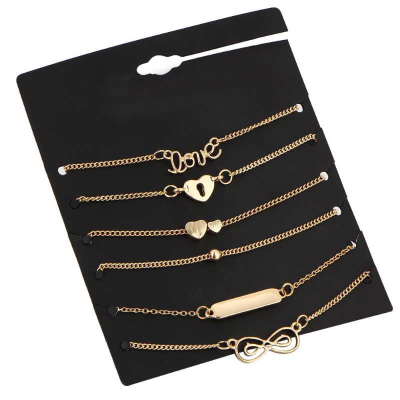 6 Piezas Set Trendy Heart Shape Lucky Chain Love Gold Color Tobillera Joyas Para Mujer