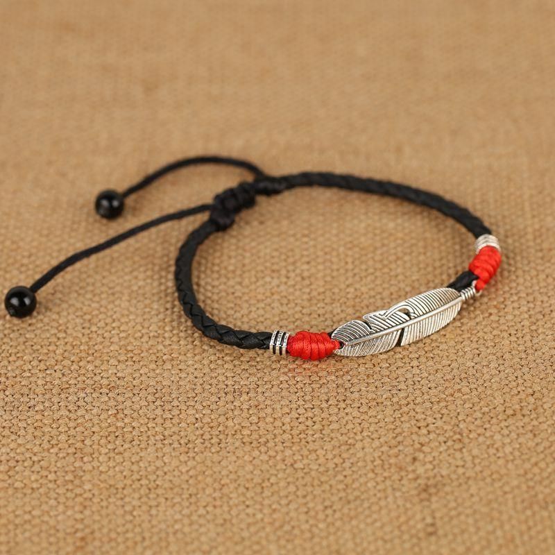 Pulsera De Tobillera Unisex Vintage Pulsera De Tobillo Con Encanto De Plumas Étnicas De Cuerda Roja De La Suerte Para Mujeres Y Hombres