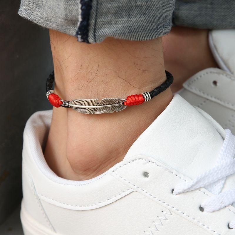 Pulsera De Tobillera Unisex Vintage Pulsera De Tobillo Con Encanto De Plumas Étnicas De Cuerda Roja De La Suerte Para Mujeres Y Hombres