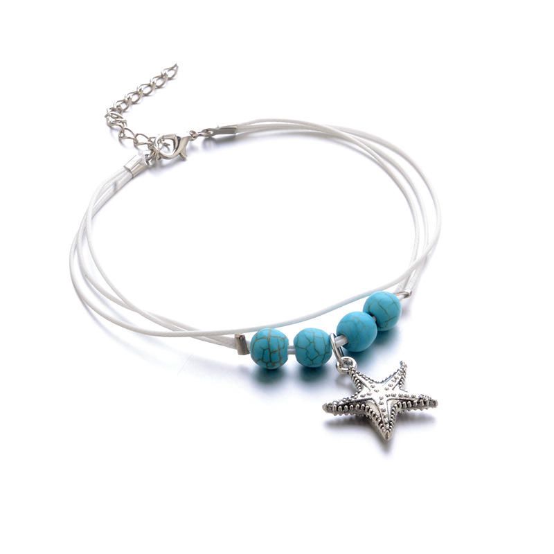 Tobillera Con Encanto Bohemio Cuerda De Cera Cuentas De Bolas Azules Colgante De Estrella Tobilleras Pies Accesorios Para Mujeres