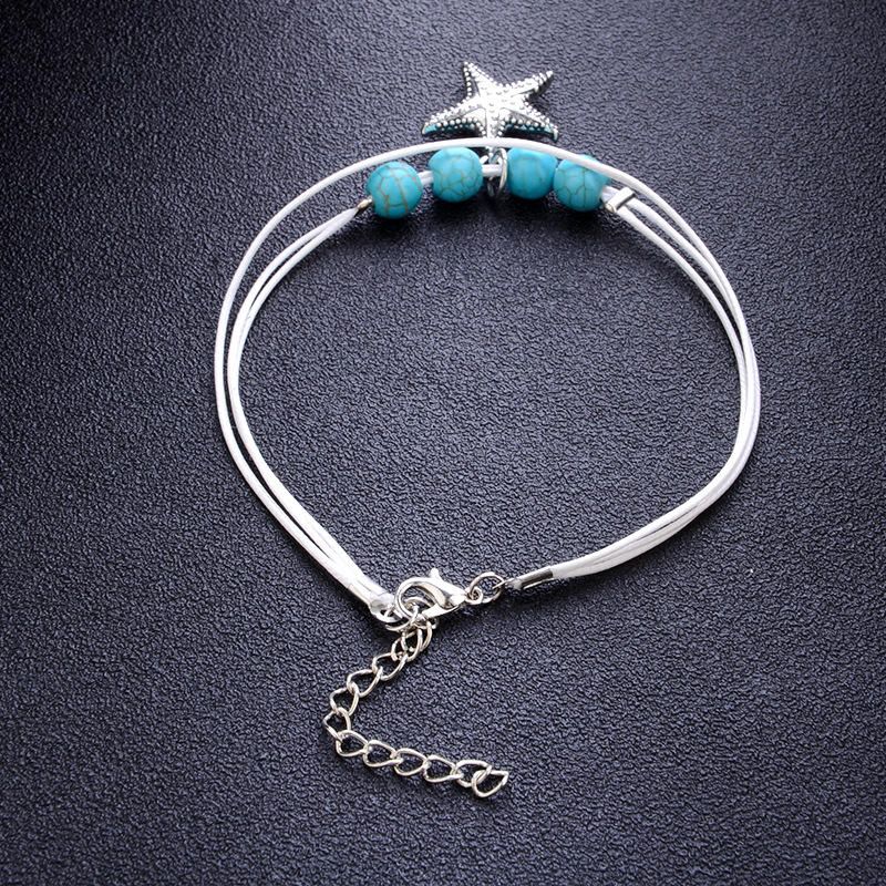 Tobillera Con Encanto Bohemio Cuerda De Cera Cuentas De Bolas Azules Colgante De Estrella Tobilleras Pies Accesorios Para Mujeres