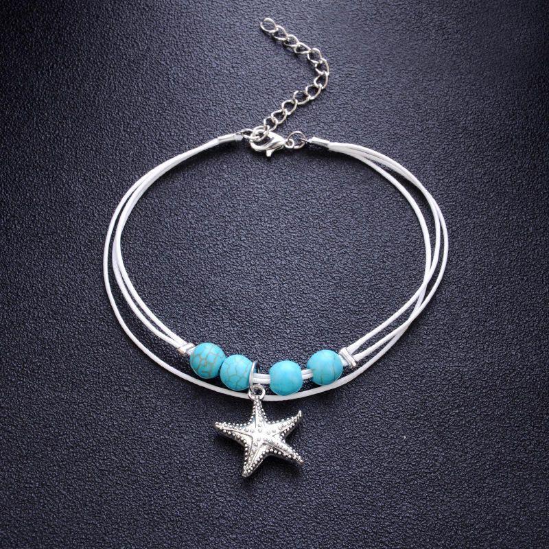 Tobillera Con Encanto Bohemio Cuerda De Cera Cuentas De Bolas Azules Colgante De Estrella Tobilleras Pies Accesorios Para Mujeres