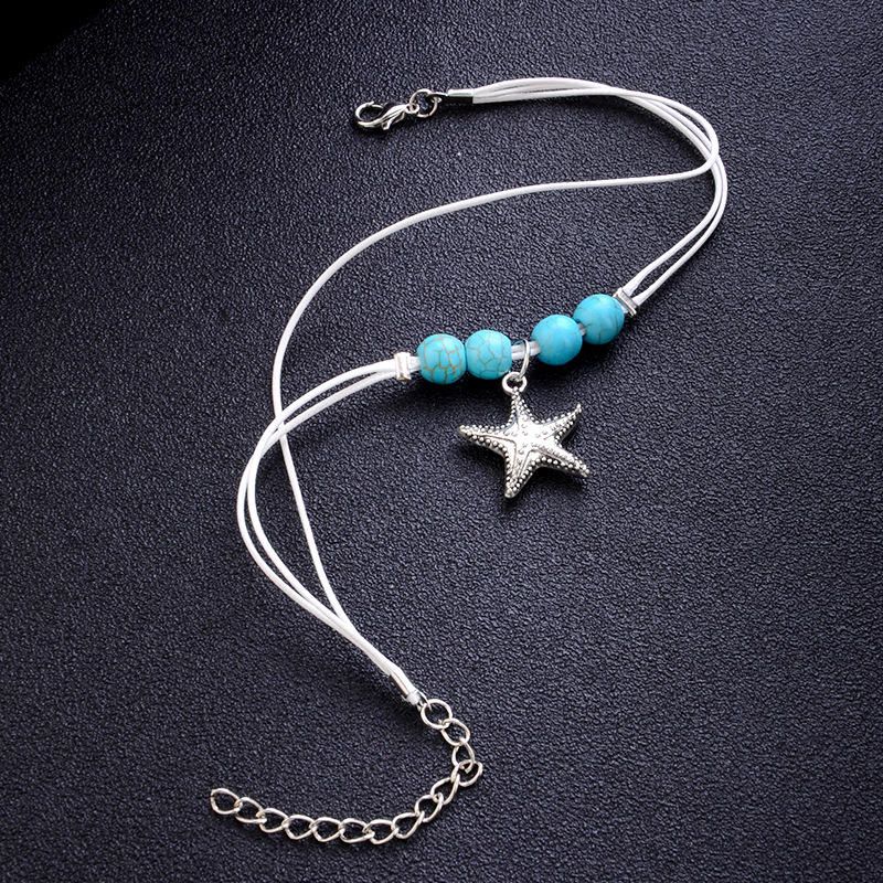 Tobillera Con Encanto Bohemio Cuerda De Cera Cuentas De Bolas Azules Colgante De Estrella Tobilleras Pies Accesorios Para Mujeres