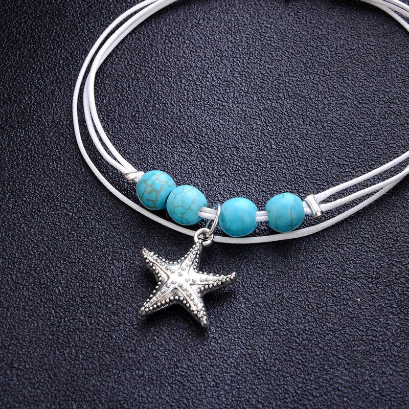 Tobillera Con Encanto Bohemio Cuerda De Cera Cuentas De Bolas Azules Colgante De Estrella Tobilleras Pies Accesorios Para Mujeres