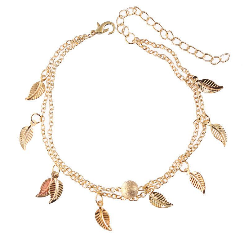 Trendy Silver Gold Color Leaf Colgante Tobillera Pulsera Con Dijes De Bola De Doble Capa