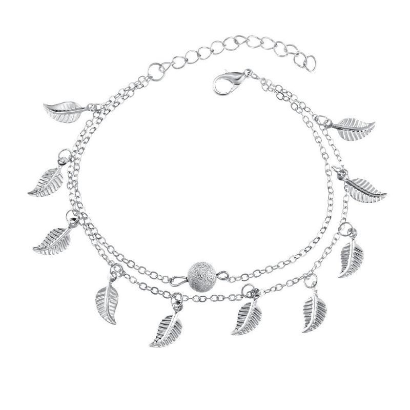 Trendy Silver Gold Color Leaf Colgante Tobillera Pulsera Con Dijes De Bola De Doble Capa