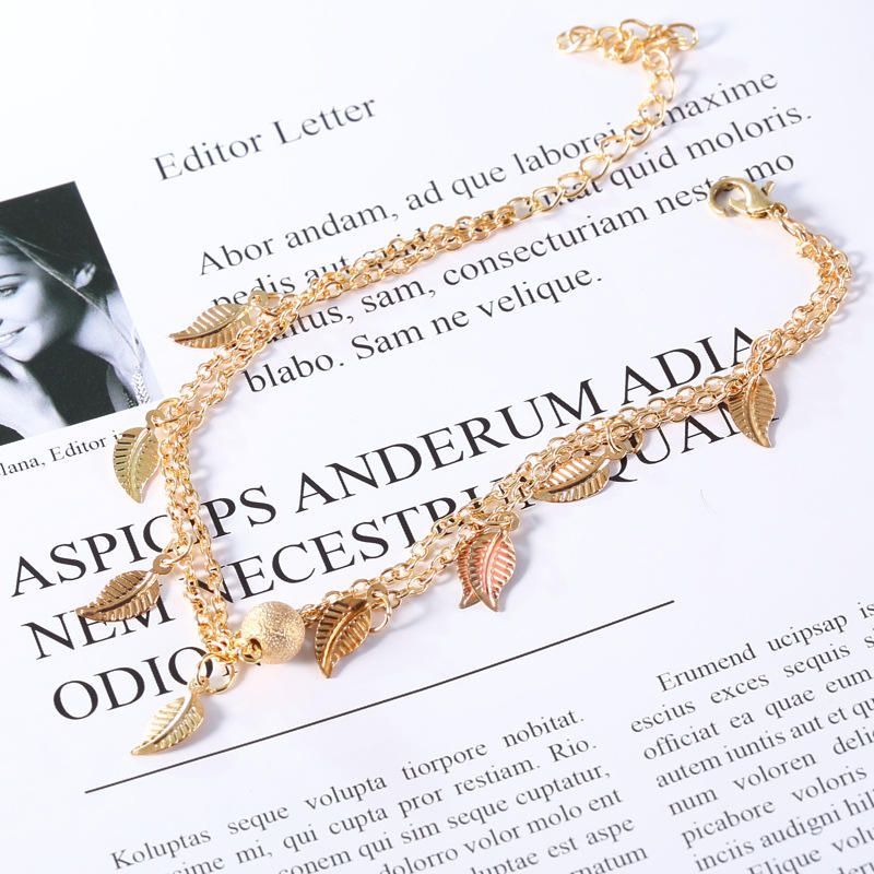 Trendy Silver Gold Color Leaf Colgante Tobillera Pulsera Con Dijes De Bola De Doble Capa