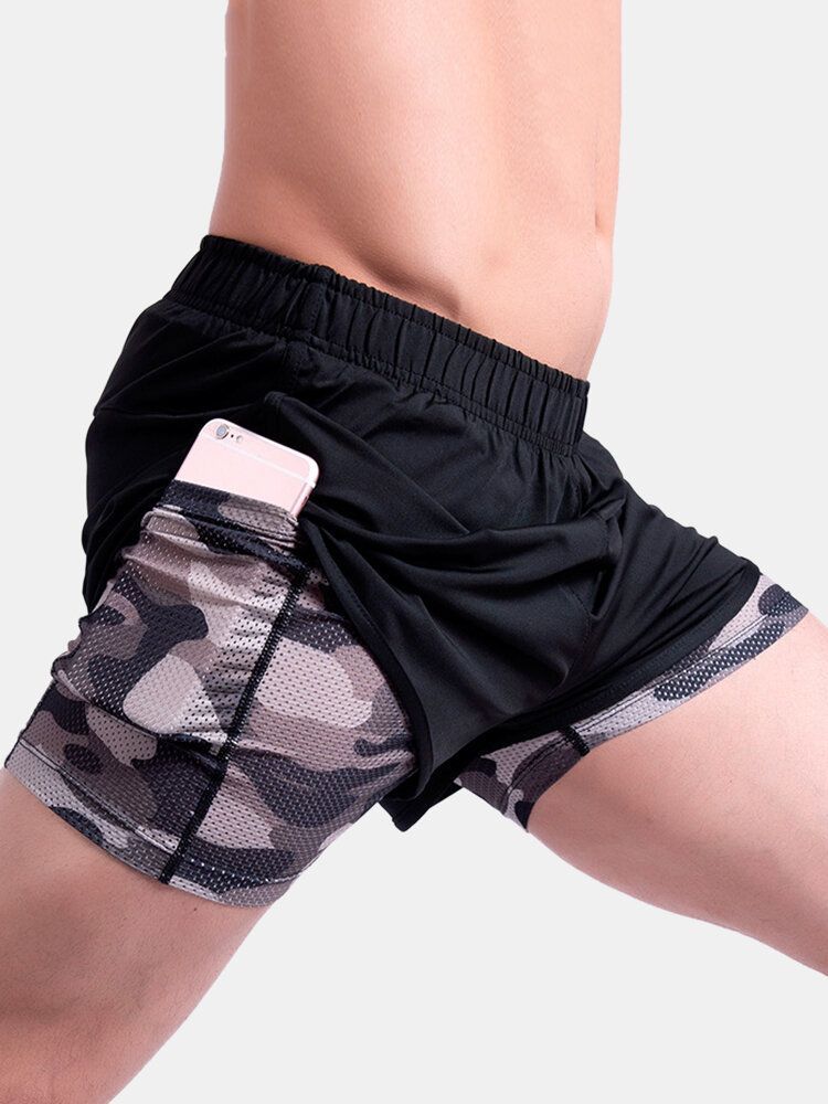 Hombre Camo Patchwork Cintura Elástica De Secado Rápido Pantalones Cortos Elásticos Deportivos Para Correr Al Aire Libre Sueltos