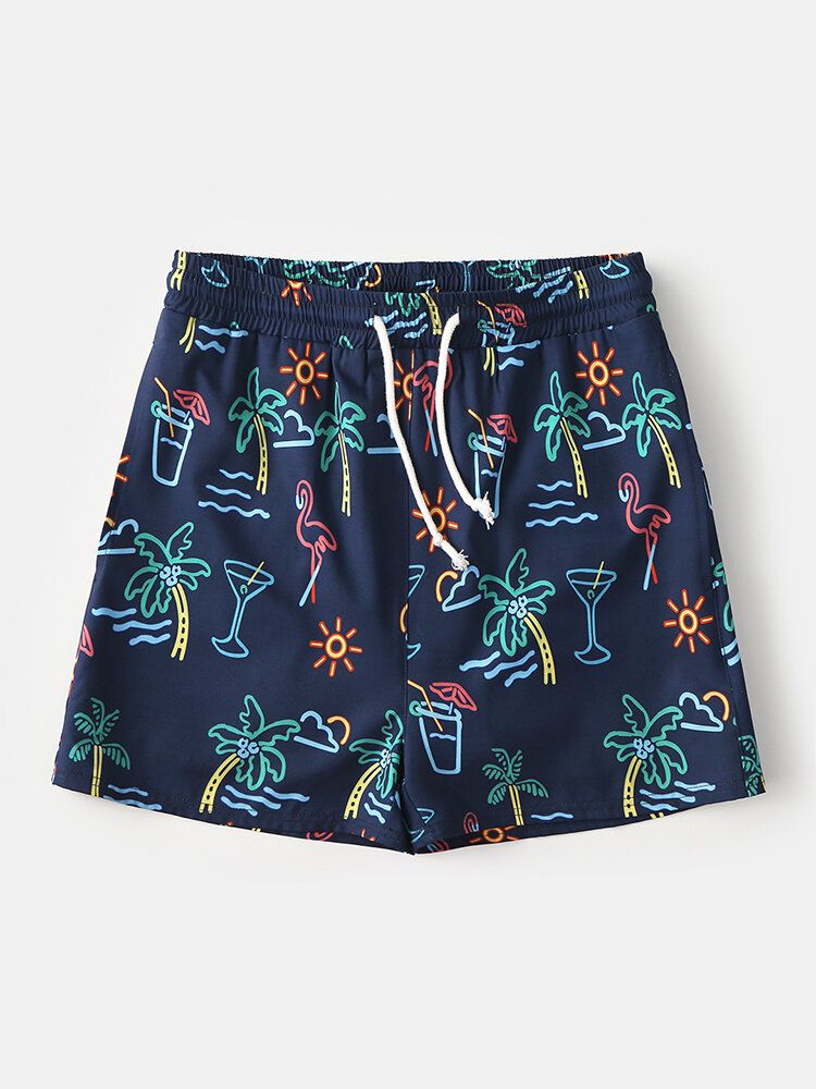 Hombre Holiday Funny Cartoon Printing Drawstring Secado Rápido Mini Short Beach Shorts