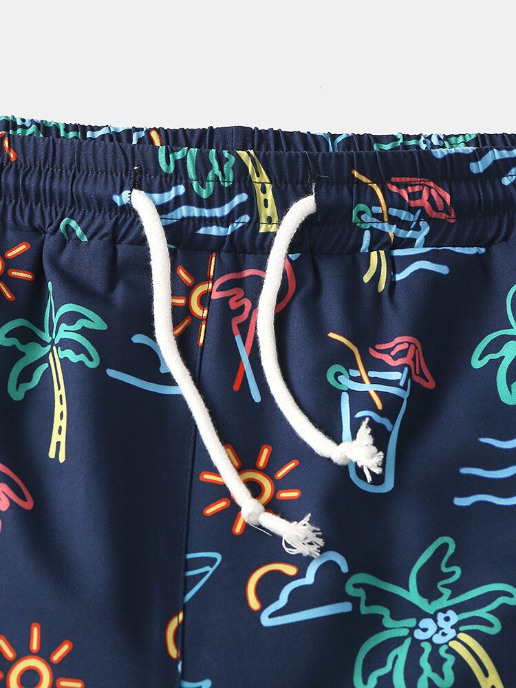 Hombre Holiday Funny Cartoon Printing Drawstring Secado Rápido Mini Short Beach Shorts