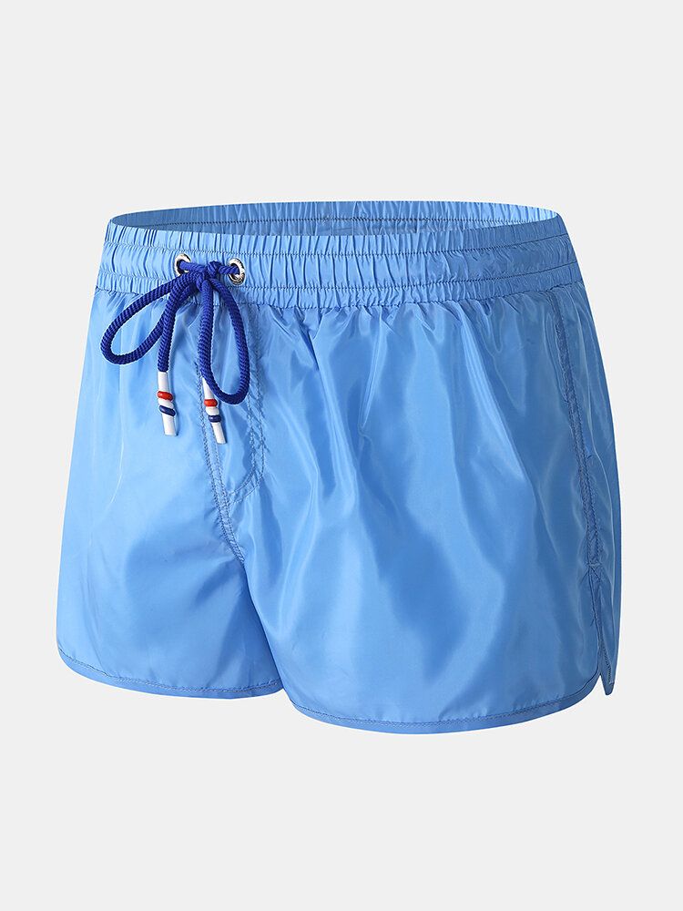 Pantalones Cortos Casuales De Playa Con Cordón De Secado Rápido De Color Sólido Para Hombre Con Forro De Compresión