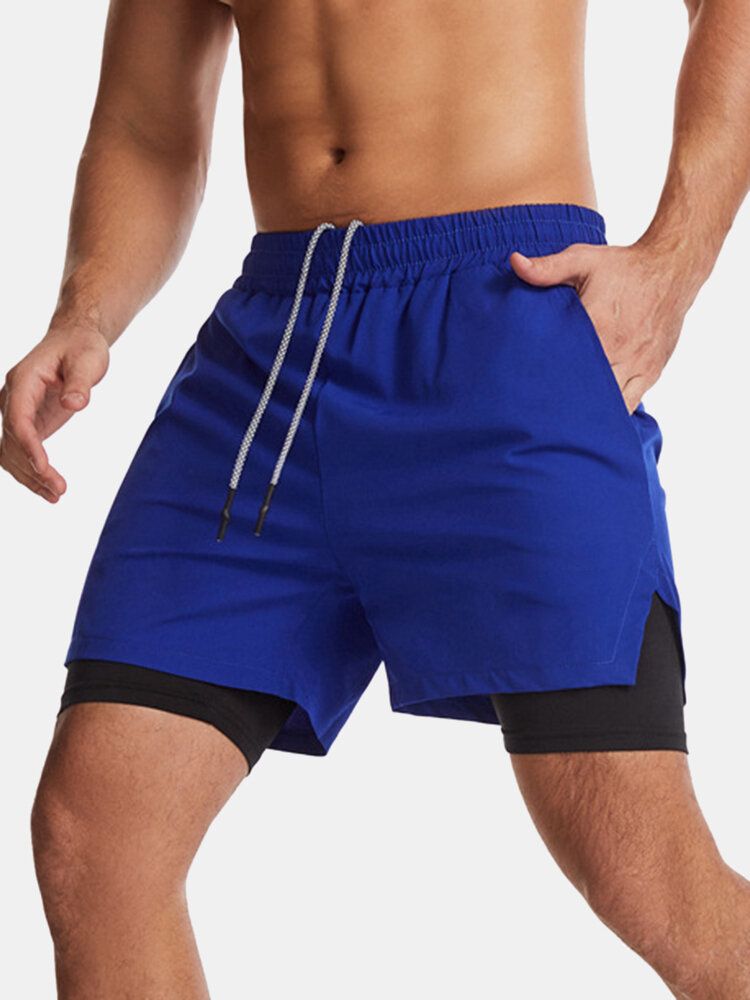 Pantalones Cortos Deportivos De Secado Rápido De Color Sólido Para Hombre Que Ejecutan Pantalones Cortos Elásticos Casuales De Doble Capa