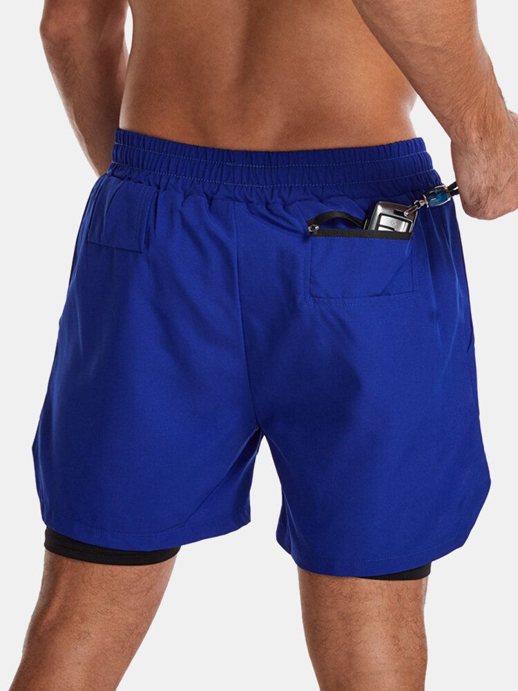 Pantalones Cortos Deportivos De Secado Rápido De Color Sólido Para Hombre Que Ejecutan Pantalones Cortos Elásticos Casuales De Doble Capa