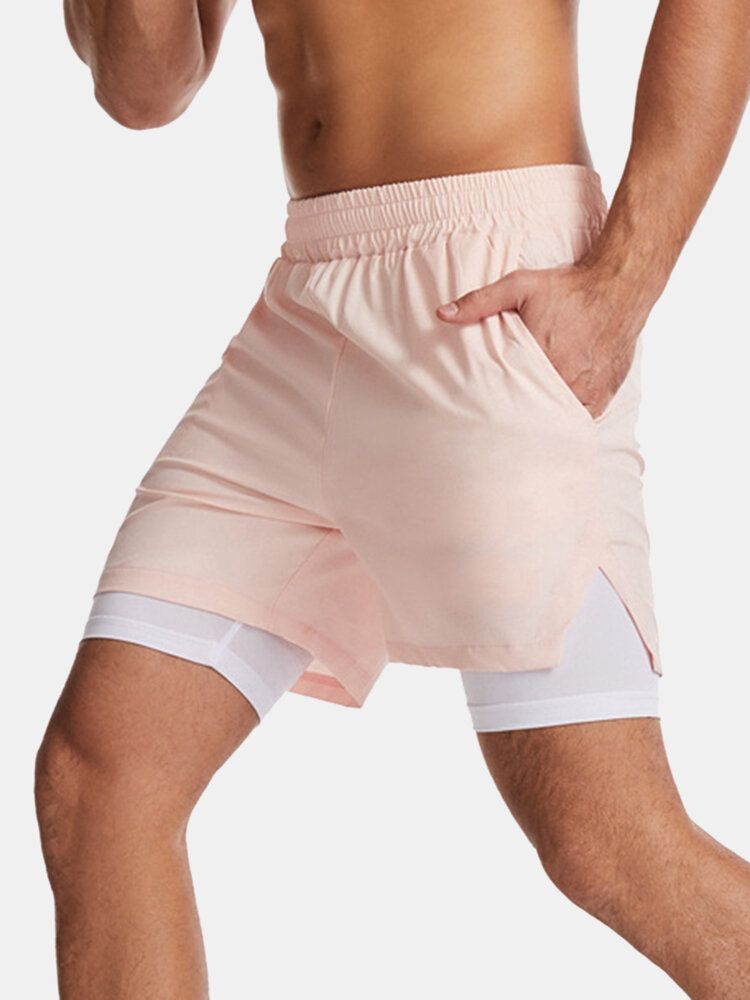 Pantalones Cortos Deportivos De Secado Rápido De Color Sólido Para Hombre Que Ejecutan Pantalones Cortos Elásticos Casuales De Doble Capa