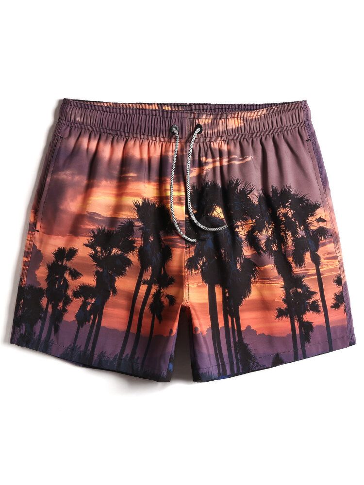 Pantalones Cortos Holgados De Tabla De Vacaciones Con Cintura Con Cordón Y Estampado De Paisaje De Playa Para Hombre