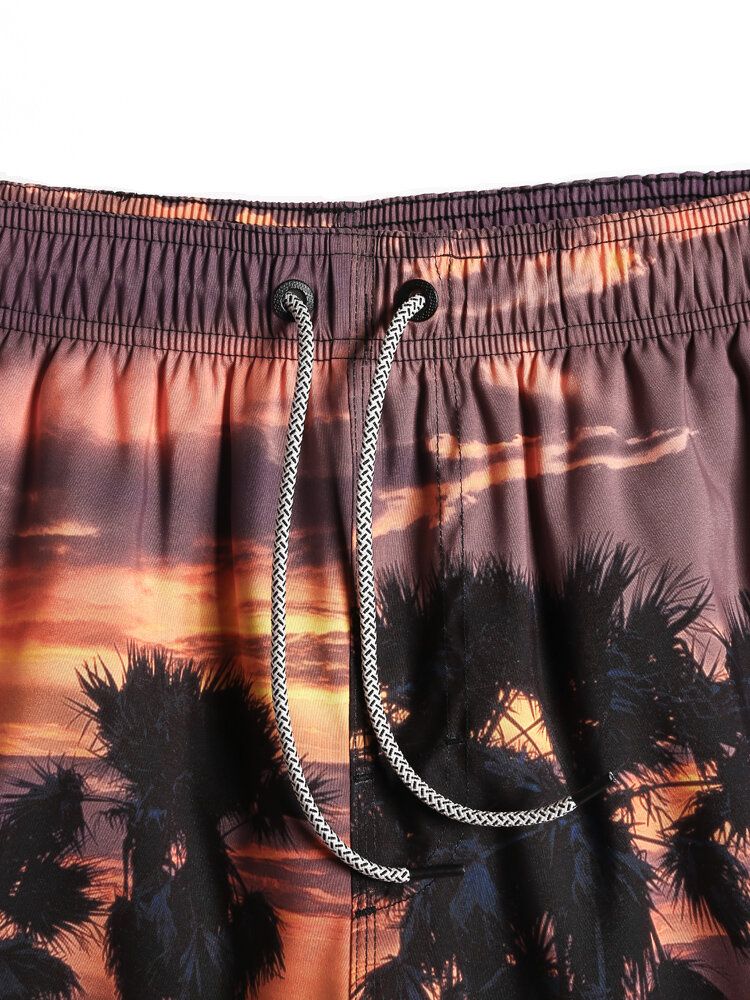 Pantalones Cortos Holgados De Tabla De Vacaciones Con Cintura Con Cordón Y Estampado De Paisaje De Playa Para Hombre