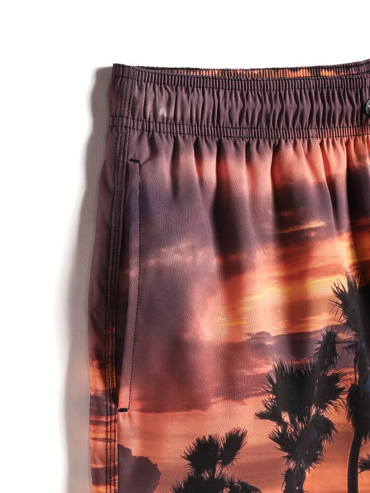 Pantalones Cortos Holgados De Tabla De Vacaciones Con Cintura Con Cordón Y Estampado De Paisaje De Playa Para Hombre